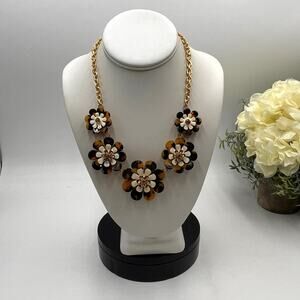 Talbots Layered Brown Tortoise Floral White and CZ Flower Necklace New